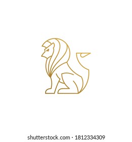 Simple vector illustration of outline graphic emblem design template of strong sitting lion with striped mane hand drawn with golden lines