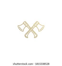 Simple vector illustration of outline graphic emblem design template of crossed axes symbolizing woodcutting industry hand drawn with golden lines