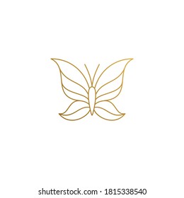 Simple vector illustration of outline graphic logo template of beautiful flying butterfly with striped wings hand drawn with golden lines