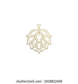 Ilustración vectorial simple del diseño del logo gráfico de contorno de la flor de lúpulo natural para la elaboración de cerveza mano dibujada con líneas doradas