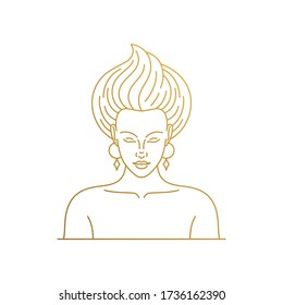 Simple vector illustration of outline logo design template of beautiful woman with stylish hairstyle and luxury accessories drawn with golden lines