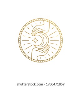 Ilustración vectorial simple de la plantilla de diseño del logo de contorno de las manos sosteniendo la luna creciente y las estrellas brillantes dentro del marco redondo a rayas