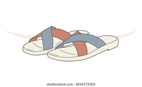 Simple vector illustration of a pair of casual summer slide sandals with crossed blue and brown leather straps on a white background.