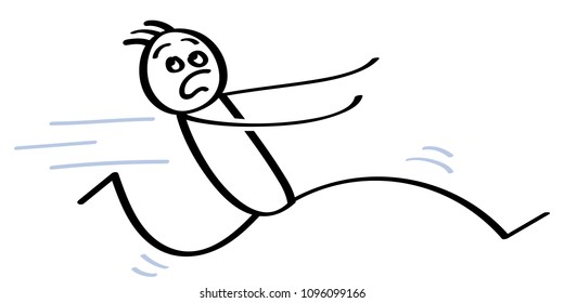 Simple vector illustration of panicking stick figure running away, screaming, looking back, isolated on white background