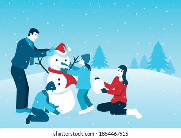 Simple vector illustration of parents playing with their children on winter time