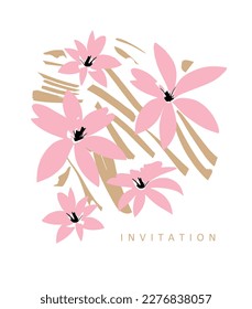 Simple Vector Illustration with Pastel Pink Hand Drawn Tropical Flowers and Light Gold Leaves on a White Background. Modern Abstract Exotic Garden Design. Floral Print ideal for Invitation, Card. 