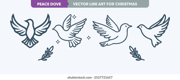 Simple Vector Illustration: Peace Dove Icon Set, Minimal Thin Line Web Outline Icons for Christmas and New Year
