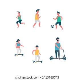 Simple vector illustration of people who play sports, football, jogging, skating and scooter. High quality images for social networks and presentations.