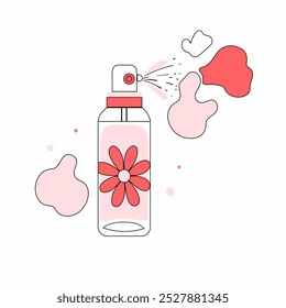 Una simple Ilustración vectorial de una botella de perfume en aerosol con un diseño floral rojo, que emite fragancia. Ideal para cosméticos, belleza y contenido relacionado con el cuidado personal.

