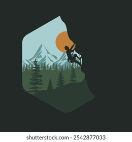 simple vector illustration of a person climbing a cliff with a view of mountains and pine trees
