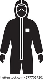 Simple vector illustration of a person in a full black protective suit and safety goggles, ready for hazardous environments.