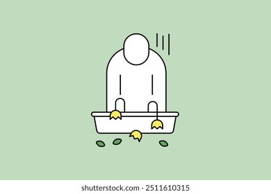 Simple vector illustration of a person slumping over a withered flower, representing the failure of investment or career.