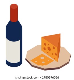 A simple vector illustration with a picnic set of a bottle of wine and a piece of cheese on a plate. Illustration for the bar menu and restaurant website. Vector illustration