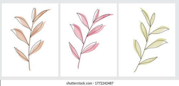 Simple Vector Illustration of a Pink, Gold and Green Twigs. Watercolor Style Leaves with Black Line Art Sprig on a White Background. Cute Pastel Color Floral Wall Arts. Infantile Style Botanic Art.
