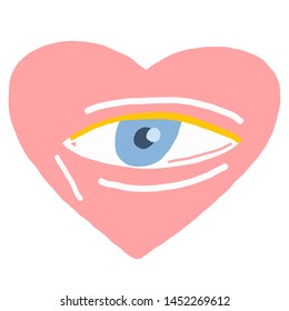 Simple vector illustration with pink heart. Image of pink heart with an eye
