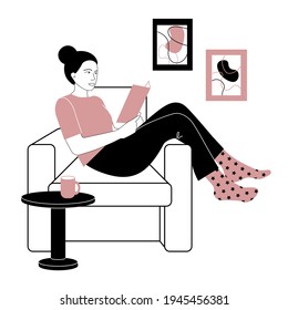 Simple vector illustration in pink, white, black. A women in a chair reads a book at home. paintings, table and cup.
