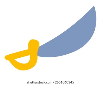 Ilustração vetor simples de espada pirata com lâmina curva e punho amarelo. Imagem de clipart isolada no plano de fundo.