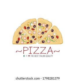 Simple vector illustration of  pizza. Pizza slices with the title isolated on a white background.