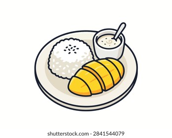A simple vector illustration of a plate containing sticky rice, sliced fresh mango, and a small bowl of coconut sauce.