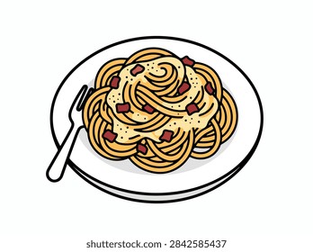 A simple vector illustration of a plate of spaghetti carbonara with bacon pieces and a fork on a white background.