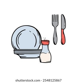 Simple vector illustration of plates, salt shaker, fork and knife. Hand drawn image of kitchen utensils, cafe, restaurant, cooking. Set of elements and icons for design and decoration