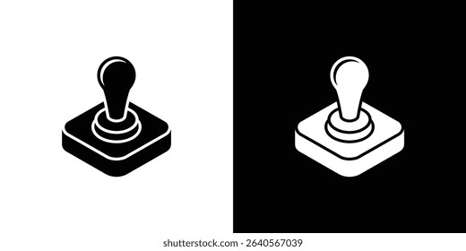 Simple vector illustration presenting an isolated isometric joystick controller. Split image showcasing the design in contrasting black and white color schemes.
