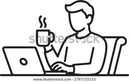 Simple vector illustration of a professional man sitting at his desk working on a laptop while drinking hot coffee