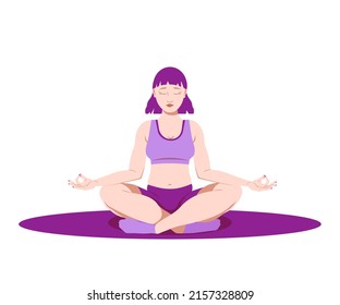 
simple vector illustration in purple colors sports girl sitting in lotus position doing yoga, girl meditating