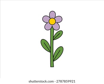 Simple vector illustration of a purple flower with green leaves on a white background, featuring a bright yellow center and black outline.