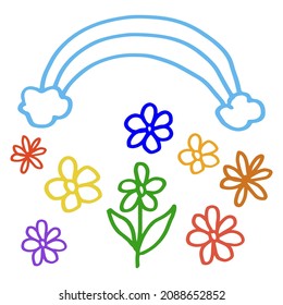 ilustración vectorial simple arco iris y flores