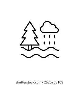 Simple Vector Illustration of Rainy Landscape with Evergreen Tree near Water