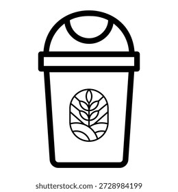 Ilustración vectorial sencilla de un contenedor de reciclaje con un ícono de la planta en su parte frontal, visto directamente desde el frente