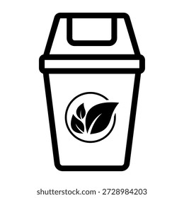 Ilustración vectorial sencilla de un contenedor de reciclaje con un ícono de la planta en su parte frontal, visto directamente desde el frente