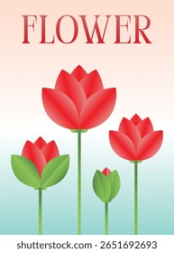Simple vector illustration of red flowers with green leaves and long stems in a clean, modern design, suitable for decoration, spring themes, or botanical graphics.