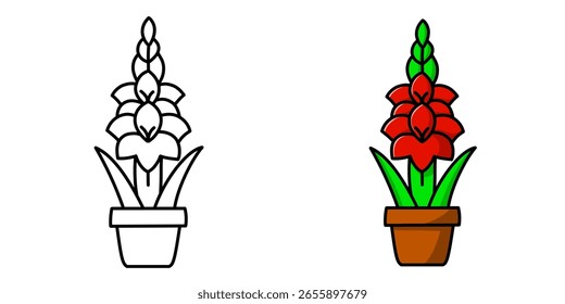 Uma ilustração vetorial simples de uma flor de gladióolo vermelho com seu esboço inicial, perfeito para ícones, logotipos e adesivos.