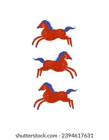 Simple Vector Illustration with Red Happy Horses on a White Background. Crayon Drawing-like Running Horses Print ideal for Card, Wall Art. Lovely Infantile Style Drawing of Farm Animal. Rgb Color.