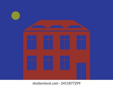 Simple vector illustration of a red house with windows and doors on a dark blue background and a moon in the sky.