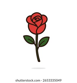 Simple vector illustration of a red rose with green leaves and stem.