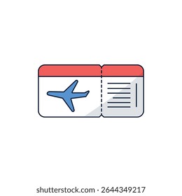 Einfache Vektorgrafik eines rot-weißen Flugtickets mit blauem Flugzeugsymbol und Textzeilen. Ideal für Reise-, Fluglinien- und Buchungsdesigns.