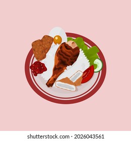 simple vector illustration of rice with many side dishes of indonesian food