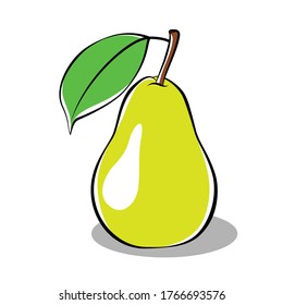 Simple vector illustration of ripe delicious green pear with green leaf isolated on white background