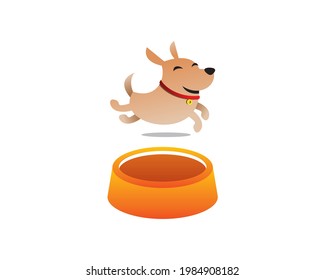 simple vector illustration of running puppy dog and foodbowl.