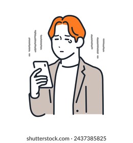 A simple vector illustration of a sad young man looking at his smartphone