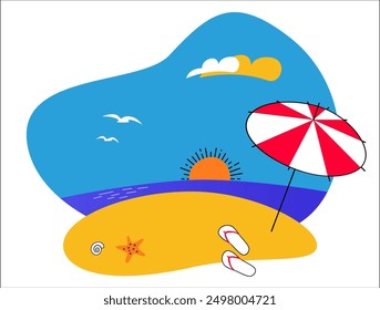 simple vector illustration of a sandy beach at sea, sunset, evening with umbrella and flip flops, summer background for poster, banner, postcard on the theme of holiday, trip, vacation