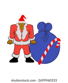 Una simple Ilustración vectorial de Santa Claus llevando una Grande bolsa de regalo azul con una decoración de bastón de caramelo.