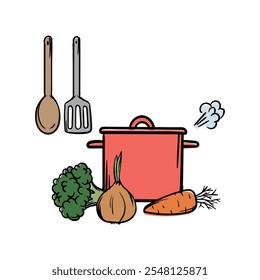 Simple vector illustration of a saucepan, vegetables and kitchen spatulas. Hand drawn image of kitchen utensils, cafe, restaurant, cooking. Set of elements and icons for design and decoration