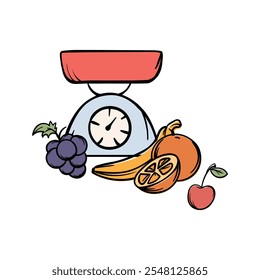 Ilustración vectorial sencilla con escamas y frutas. Imagen dibujada a mano de utensilios de cocina, mercado, tienda, venta de productos. Conjunto de Elementos e iconos para el diseño y la decoración