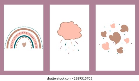 Simple Vector Illustration in Scandinavian Style with Rainbow, Hearts, Cloud with Rain. Cute Childish Drawing in Pastel Colors Isolated on Lilac Background. Fun boho print in children's style. EPS 10
