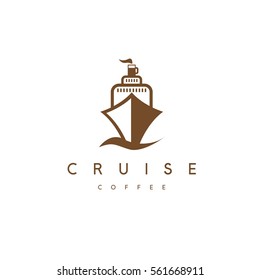 simple vector illustration with sea cruise liner and cup of coffee