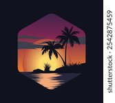 simple vector illustration of sea sunset atmosphere with coconut trees and ship silhouette